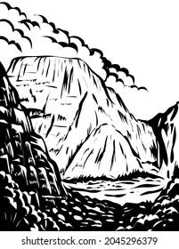 poster monochrome art of Zion Canyon steep red cliff in Zion National Park located in Utah USA done in works project administration black and white style.