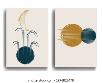 Afiche con luna y arco al estilo Boho. Grunge formas geométricas texturadas .Diseño mínimo con elementos de grano . Folleto de moda. Ilustración del vector.
