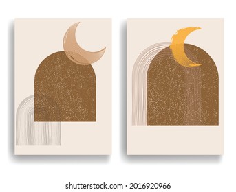 Afiche con formas lunares y geométricas. Diseño mínimo con elementos de grano. Folleto de moda. Ilustración vectorial. 