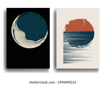 Afiche con luna y puesta de sol al estilo Boho. Grunge formas geométricas texturadas .Diseño mínimo con elementos de grano . Folleto de moda. Ilustración del vector.