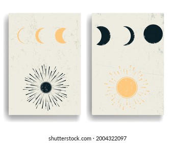 Afiche con luna y puesta de sol al estilo Boho. Grunge formas geométricas texturadas .Diseño mínimo con elementos de grano . Folleto de moda. Ilustración del vector.