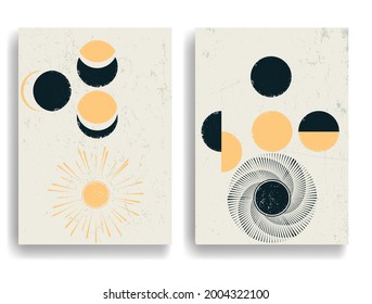 Poster mit Mond und Sonnenuntergang im Boho-Stil. Geometrische Grunge-Formen in Form von Grunge. Minimales Design mit grandiosen Elementen. Trendy Broschüre . Vektorgrafik .