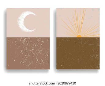 Poster with moon and sunset in Boho style. Grunge textured geometric shapes  .Minimal design with grange elements . Trendy brochure . Vector illustration .