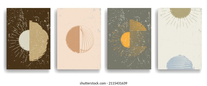 Poster with moon and sunset in Boho style. Grunge textured geometric shapes  .Minimal design with grange elements . Trendy brochure . Vector illustration .