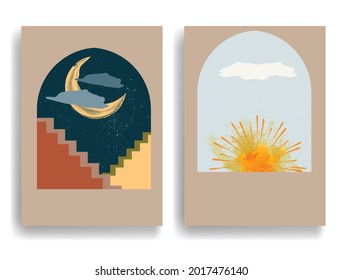 Poster with  moon , sunset and  geometric shapes . Minimal design with grange elements . Trendy brochure . Vector illustration. 