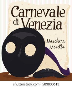 Poster with moretta mask, feather and playbill ready to enjoy a masquerade night in Venice Carnival (written in Italian).