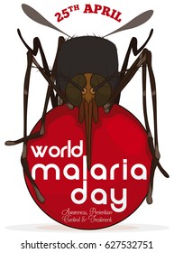Poster with mosquito over a red bloody rounded button to commemorate World Malaria Day in April 25.