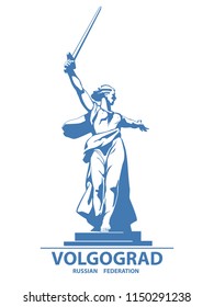 Poster. Motherland motherland calling. Blue Linear Picture. The symbol of Volgograd. Russian Federation. Illustration, white background. Use presentations, corporate reports, emblems, logo, vector