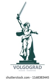 Poster. Motherland motherland calling. Green Linear Picture. The symbol of Volgograd. Russian Federation. Illustration, white background. Use presentations, corporate reports, emblems, logo, vector