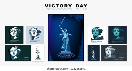 Poster Motherland nennt Skulptur, Porträt. Siegstag, Template Design für den 9. Mai. Zweiter Weltkrieg. Schlacht von Stalingrad, ein Symbol von Wolgograd. X-Banner, Informationsbanner. Vektorgrafik