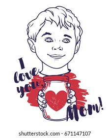 poster for Mother's Day with cute smiling boy and red heart in jar, vector illustration in sketch style