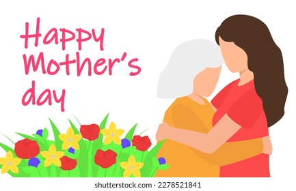 A poster for a Mother's Day with a woman and a mom hugging. Vector illustration.
