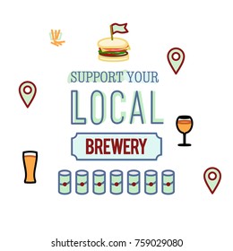 Poster for motivating to visit local pub, brewery and drink local beer. Tasty burger, fries and cans of local beer.