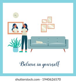 Poster with motivational slogan and confident woman, flat vector illustration.