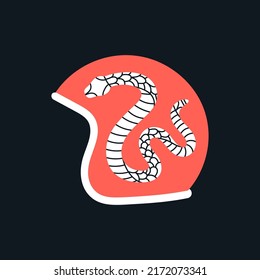 Poster with motorcycle helmet. Head protection, equipment for bikers. Wild and vintage style. Hand drawn vector illustration isolated on black background. Print, poster, typographic design.