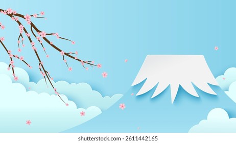 Poster mount Fuji with sakura branches n pastel blue background. Sunny spring landscape with pink cherry blossom.  Poster Mt. Fuji. Paper cut and craft style illustration