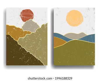 Poster with mountain landscape in Boho style .Minimal design with grange elements . Trendy brochure . Vector illustration .