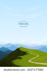 Poster with a mountain landscape. A high rock and a path leading up. Panoramic view from the top. Warm summer day, clear sky. Hiking, tourism, active recreation. Vector illustration.