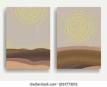 Poster with mountain landscape and Japanese wave pattern. Asian style  . Trendy brochure . Vector illustration .
