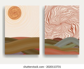 Poster with mountain landscape and Japanese wave pattern. Asian style  . Trendy brochure . Vector illustration .