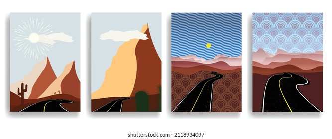 Poster mit Berglandschaft und japanischem Wellenmuster. Asiatischer Stil. Trendy Broschüre . Vektorgrafik .