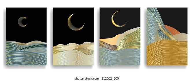 Poster with mountain landscape and Japanese wave pattern. Asian style  . Trendy brochure . Vector illustration .