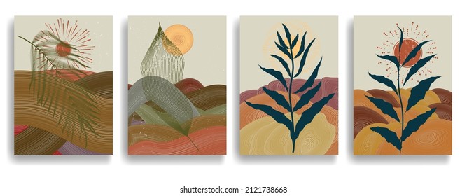 Poster with mountain landscape ,ocean, moon and sun . Asian style  . Trendy brochure . Vector illustration .