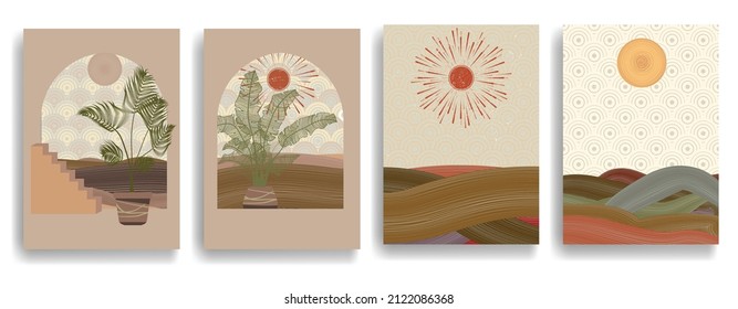 Afiche con paisaje montañoso, océano, luna y sol. Estilo asiático. Folleto de moda. Ilustración del vector.