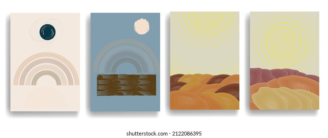 Afiche con paisaje montañoso, océano, luna y sol. Estilo asiático. Folleto de moda. Ilustración del vector.