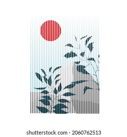 Poster with mountain landscape, plants  and sunset in boho art style  .Minimal design with line elements . Trendy brochure . Mountain peak .Wall art .Vector illustration .
