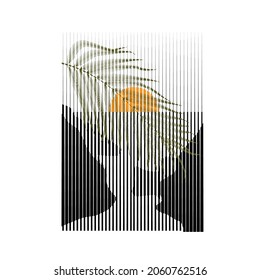 Afiche con paisaje montañoso, plantas y puesta de sol en estilo boho . Diseño mínimo con elementos de línea . Folleto de moda. Montaña pico .Muro arte .Vector ilustración .