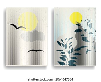 Poster with mountain landscape, plants  and sunset in boho art style  .Minimal design with line elements . Trendy brochure . Mountain peak .Wall art .Vector illustration .