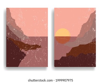 Poster mit Berglandschaft und Sonnenuntergang im Boho-Stil .Minimales Design mit Grunge-Elementen. Trendy Broschüre . Vektorgrafik .