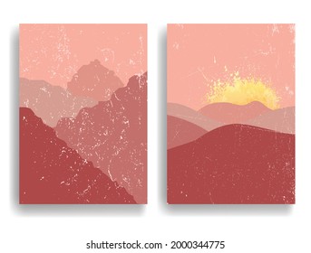 Afiche con paisaje montañoso y puesta de sol al estilo boho. Diseño mínimo con elementos ondulados. Folleto de moda. Ilustración del vector.