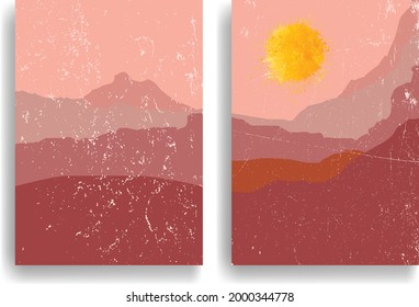 Poster with mountain landscape  and sunset in boho style  .Minimal design with grunge elements . Trendy brochure . Vector illustration .