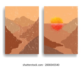 Poster with mountain landscape  and sunset in boho style  .Minimal design with grunge elements . Trendy brochure . Vector illustration .