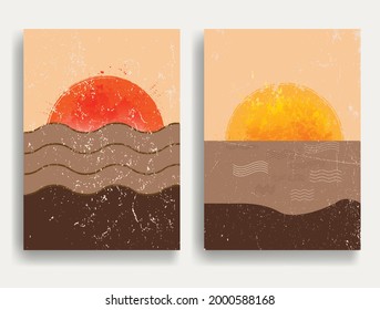 Poster with mountain landscape  and sunset in boho style  .Minimal design with grunge elements . Trendy brochure . Vector illustration .