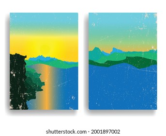 Poster mit Berglandschaft und Sonnenuntergang im Boho-Stil .Minimales Design mit Grunge-Elementen. Trendy Broschüre . Vektorgrafik .