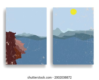 Poster with mountain landscape  and sunset in boho style  .Minimal design with grunge elements . Trendy brochure . Vector illustration .