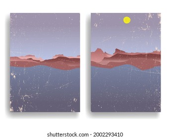 Poster mit Berglandschaft und Sonnenuntergang im Boho-Stil .Minimales Design mit Grunge-Elementen. Trendy Broschüre . Vektorgrafik .