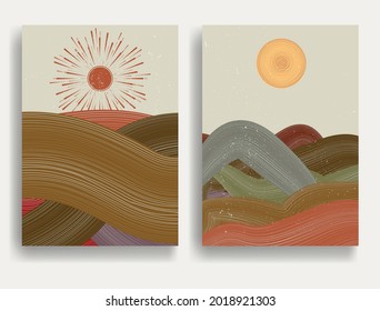 Poster with mountain landscape  and sunset in boho style  .Minimal design with grunge elements . Trendy brochure . Vector illustration .