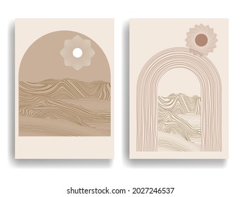 Poster with mountain landscape  and sunset in boho style  .Minimal design with grunge elements . Trendy brochure . Vector illustration .