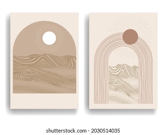 Poster mit Berglandschaft und Sonnenuntergang im Boho-Stil .Minimales Design mit Grunge-Elementen. Trendy Broschüre . Vektorgrafik .