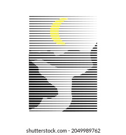 Poster with mountain landscape  and sunset in boho style  .Minimal design with line elements . Trendy brochure . Vector illustration .