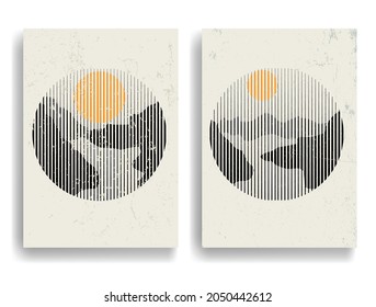 Poster mit Berglandschaft und Sonnenuntergang im Boho-Stil .Minimales Design mit Linienelementen . Trendy Broschüre . Vektorgrafik .