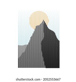 Afiche con paisaje de montaña y puesta de sol en estilo boho . Diseño mínimo con elementos de línea . Folleto de moda. Montaña pico .Muro arte .Vector ilustración .
