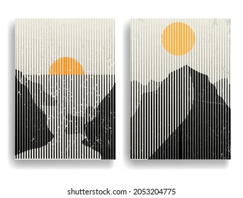 Afiche con paisaje de montaña y puesta de sol en estilo boho . Diseño mínimo con elementos de línea . Folleto de moda. Montaña pico .Muro arte .Vector ilustración .