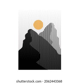 Poster with mountain landscape  and sunset in boho art style  .Minimal design with line elements . Trendy brochure . Mountain peak .Wall art .Vector illustration .