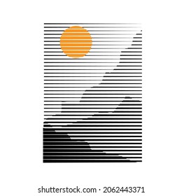 Poster mit Berglandschaft und Sonnenuntergang im Boho Art Stil .Minimales Design mit Linienelementen . Trendy Broschüre . Mountain Peak .Wall art .Vektorgrafik .