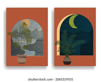 Poster with mountain landscape  and sunset in boho style  .Minimal design with line elements . Trendy brochure . Vector illustration .